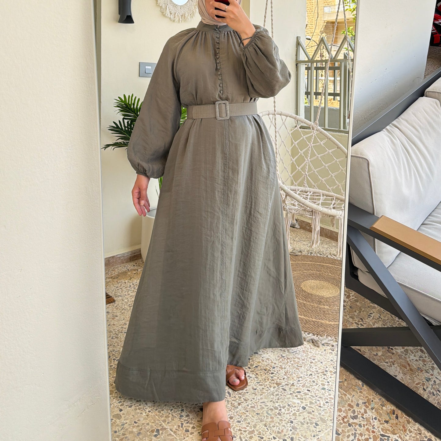 Mandarin Collar Belted Maxi Dress
