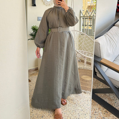 Mandarin Collar Belted Maxi Dress