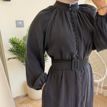 Mandarin Collar Belted Maxi Dress
