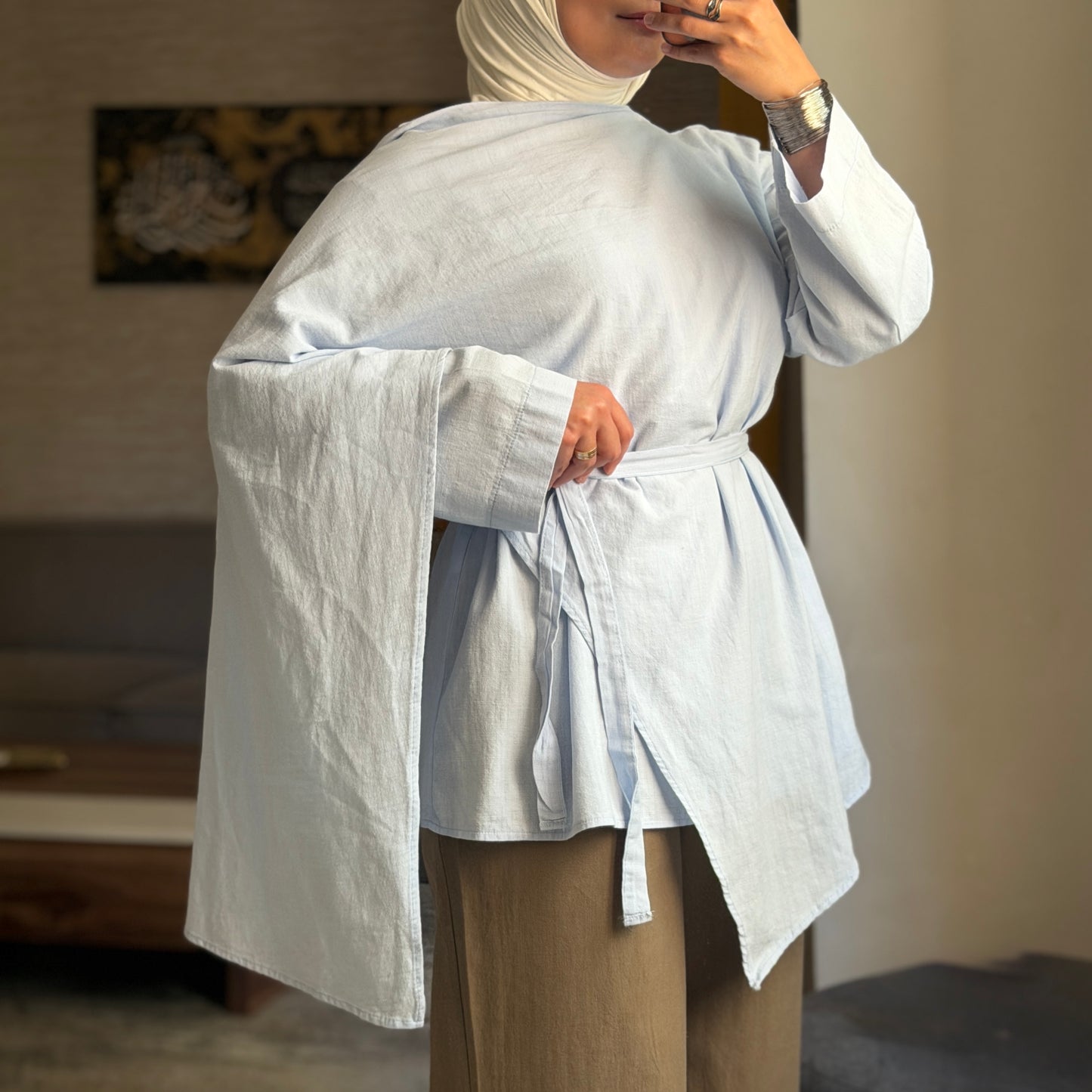 Linen Drape Tie Blouse