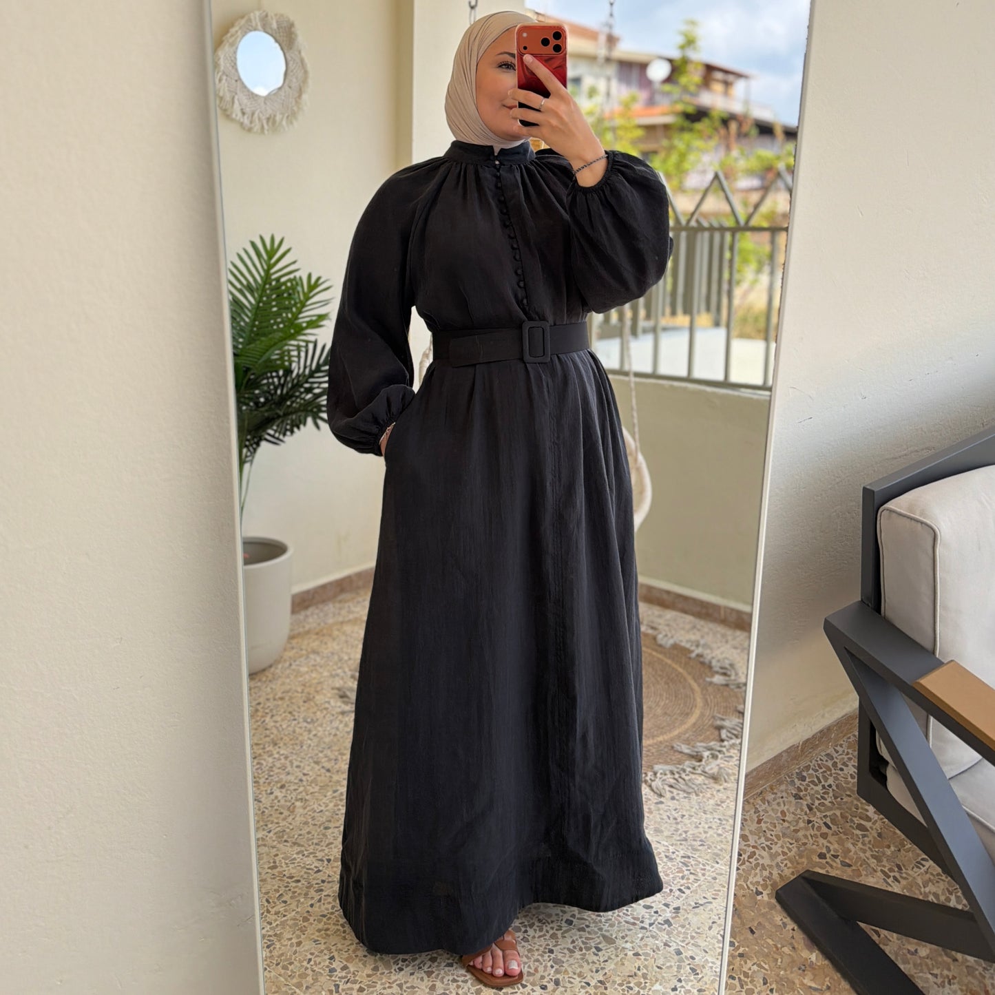 Mandarin Collar Belted Maxi Dress