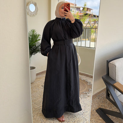 Mandarin Collar Belted Maxi Dress