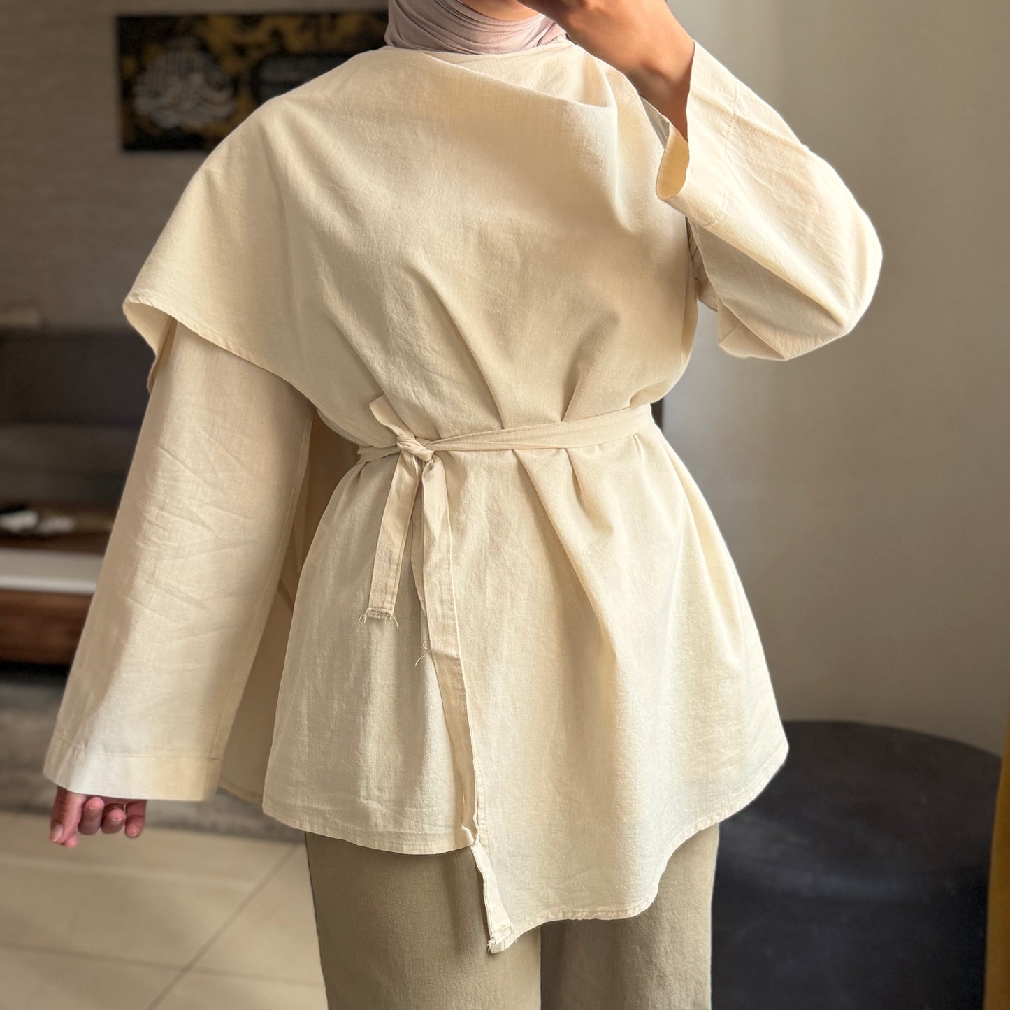 Linen Drape Tie Blouse