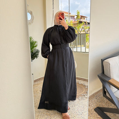 Mandarin Collar Belted Maxi Dress