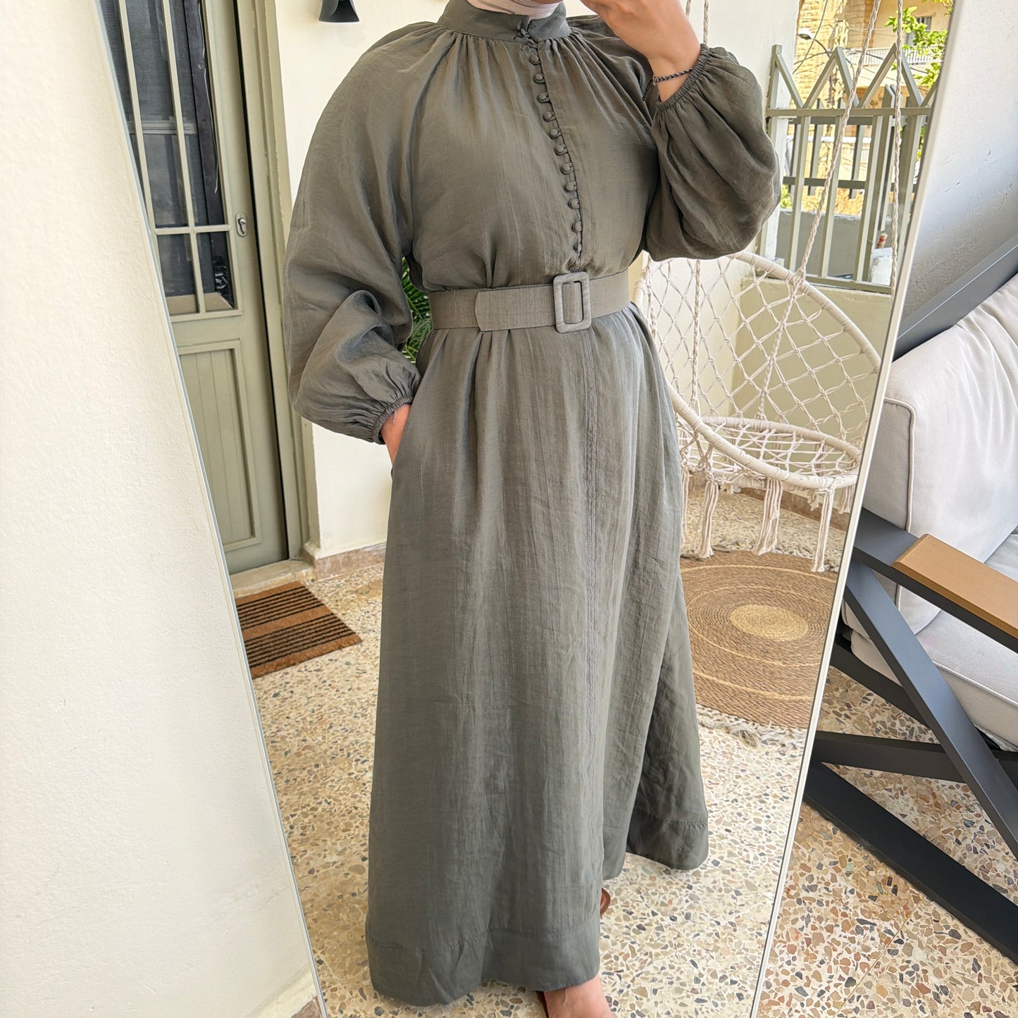Mandarin Collar Belted Maxi Dress